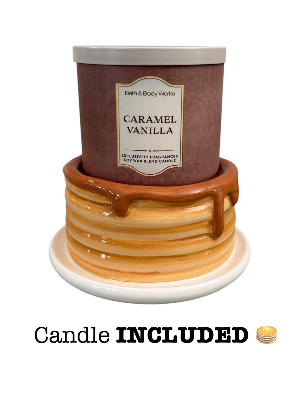 2-Pc Bath & Body Works PANCAKE STACK 3-Wick Candle Holder CARAMEL VANILLA Set